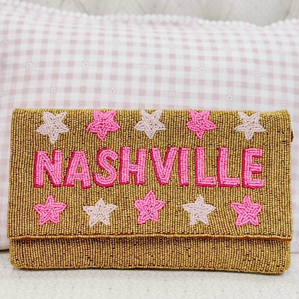 Gold and Pink Beaded Nashville Clutch